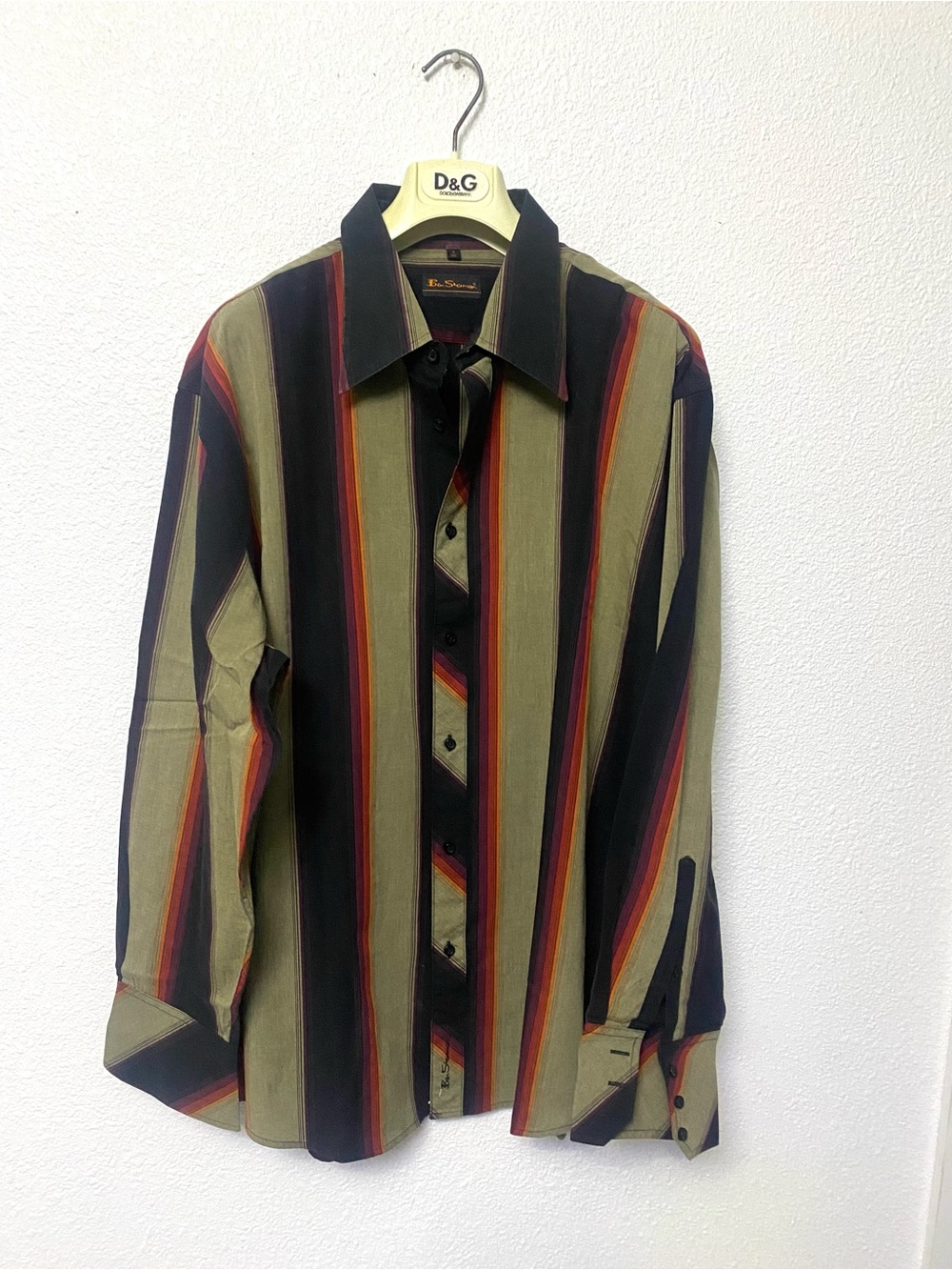 Ben Sherman Men's Vertical Stripe Dress Shirt in Olive, Black & Red